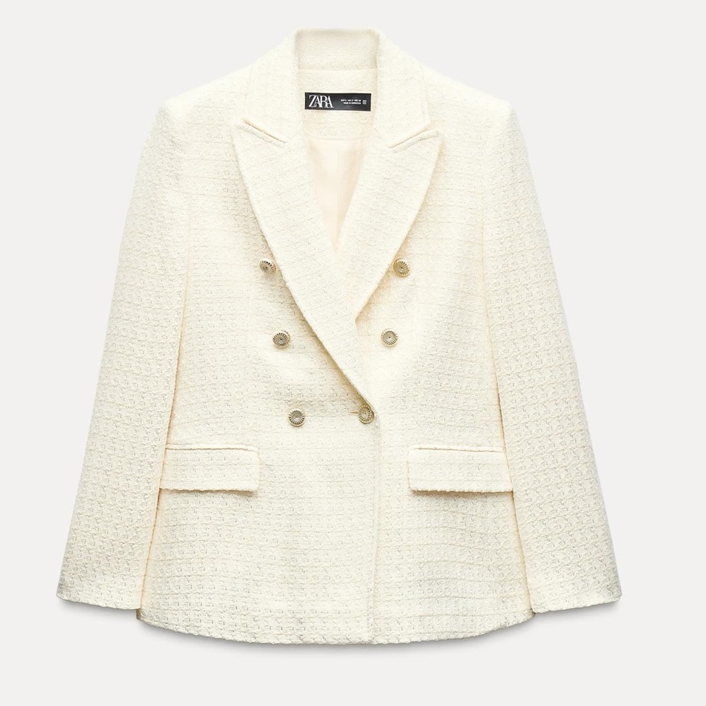Zara Double Breasted Textured Weave Jacket Ecru Size Small